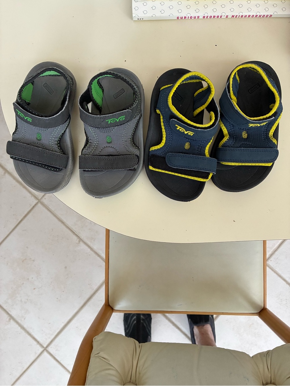 Size 10 Teva  Kids Sandals in Gray with Green Accents & Navy with Yellow